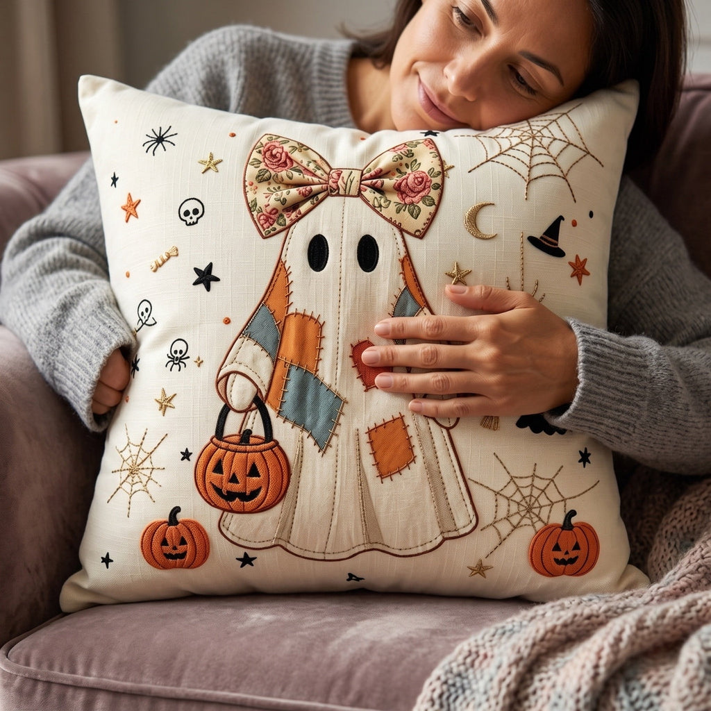 Cute Reading Ghost Plush Throw Pillow, Halloween Book & Pumpkin Bucket Ghost Stuffed Cushion, Spooky Season Decorative Pillow, for Sofa, Bedroom, Party Decor