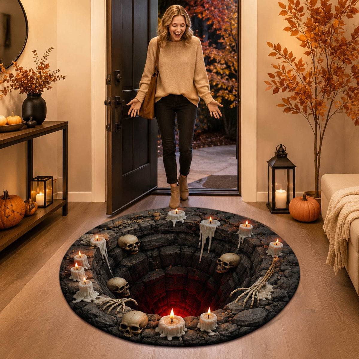 Win s Way 3D Illusion Round Halloween Rug Optical Illusion Doormat Non- Washable Entryway Decor Spooky Fall Front Door Mat for Party Decoration Available in 15.8/23.6/31.5 Inch