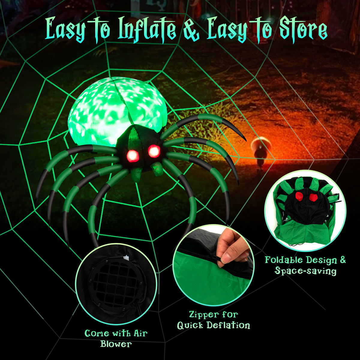 Patiojoy Halloween Inflatable Spider with Cobweb Creepy Blow-up Spider with LED Rotating LED Light Green Black Legs Waterproof Halloween Decoration