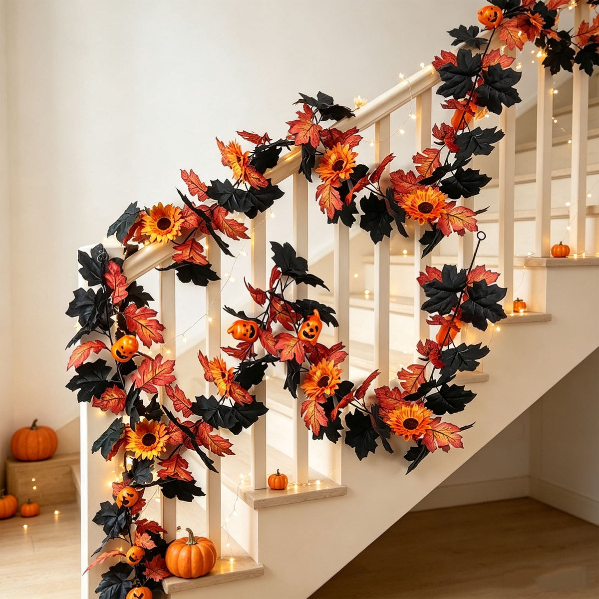 Chmadoxn 78.74" Halloween Thanksgiving Maple Leaf Garland with Mini Pumpkins & Berries, Artificial Fall Leaves Vine for Mantel Staircase Porch, Autumn Harvest Hanging Home Decor