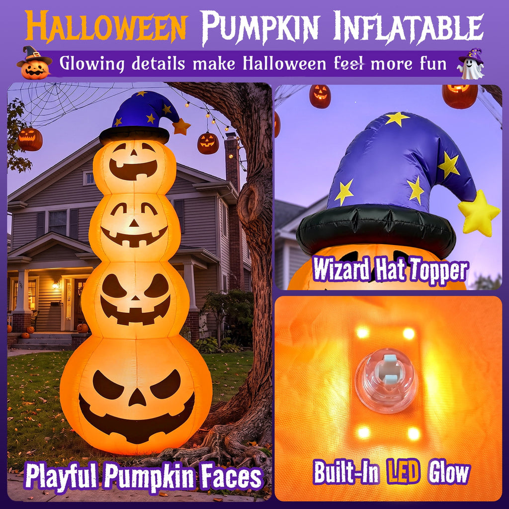 Qunler 8ft Halloween Pumpkin Stack Inflatable Decoration with Witch Hat, Polyester Material Lighted Blow up Yard Decor for Outdoor Lawn Garden