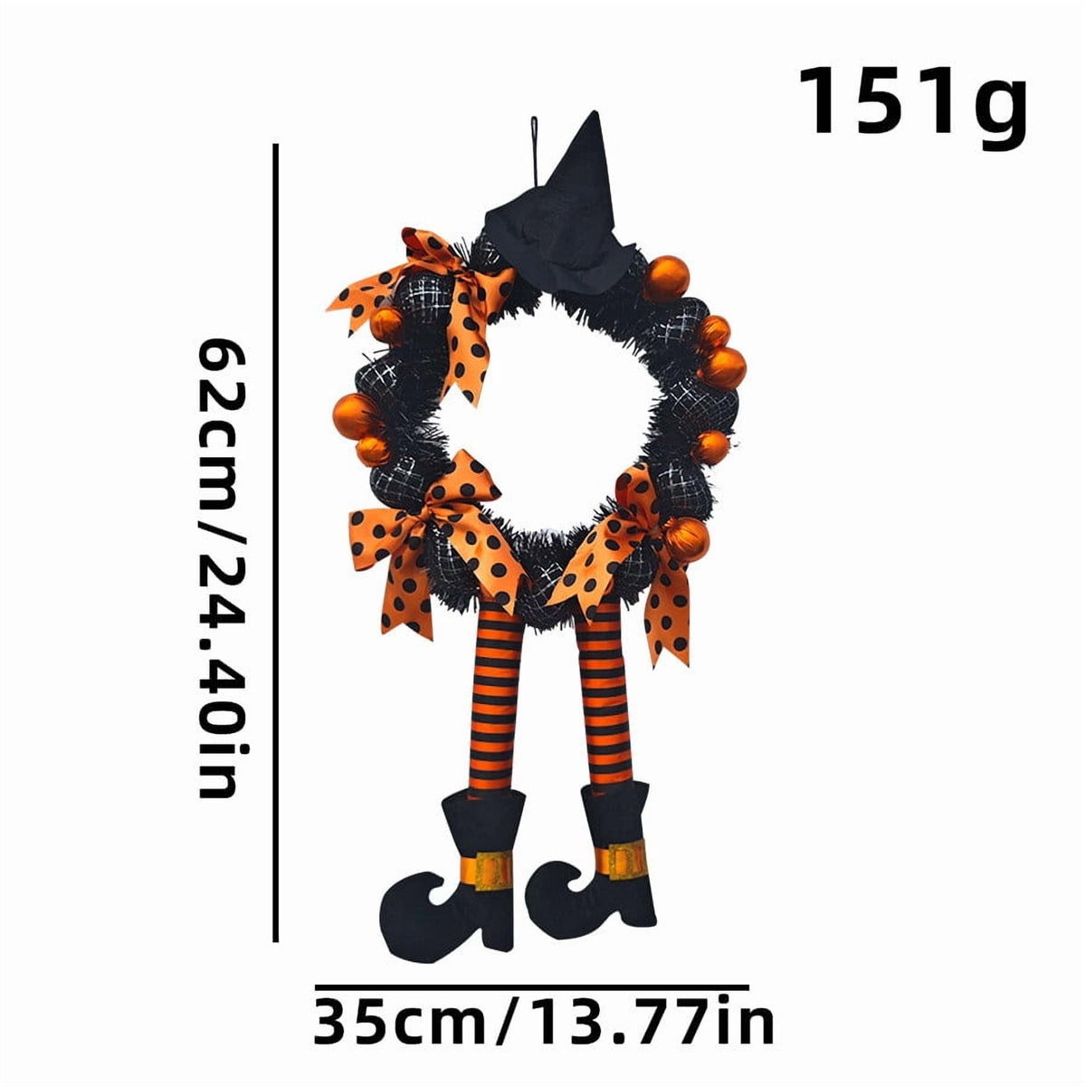 24 Inch Halloween Wreath with Witch Hat and Striped Legs Black Orange Bow Decorative Wreath for Front Door Porch Wall Home Decor