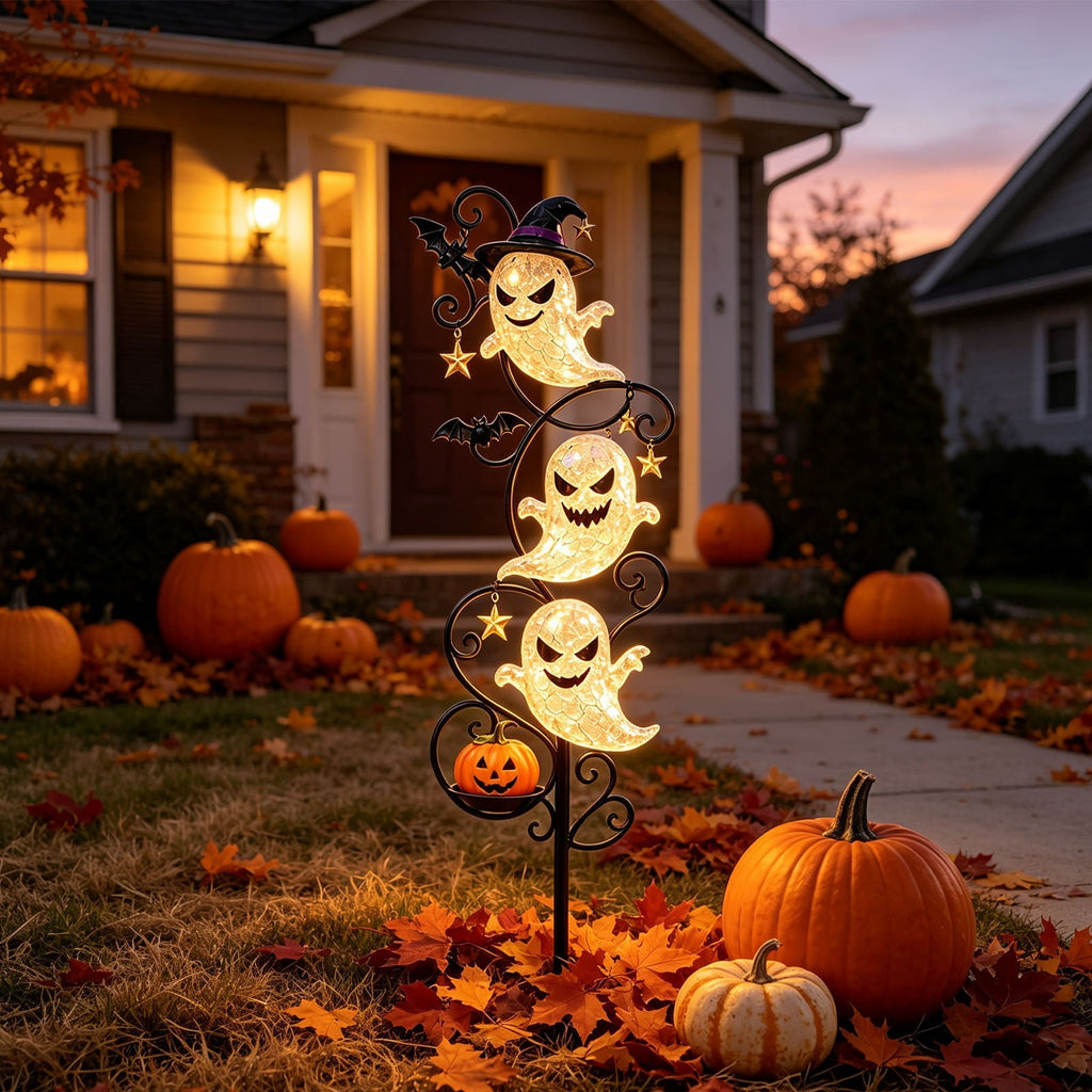 Solar Halloween Metal Moon Black Cat Garden Stake with LED Pumpkin Lantern, Light Up Star Bat Yard Decor Stake, Spooky Outdoor Lawn Pathway Halloween Decoration