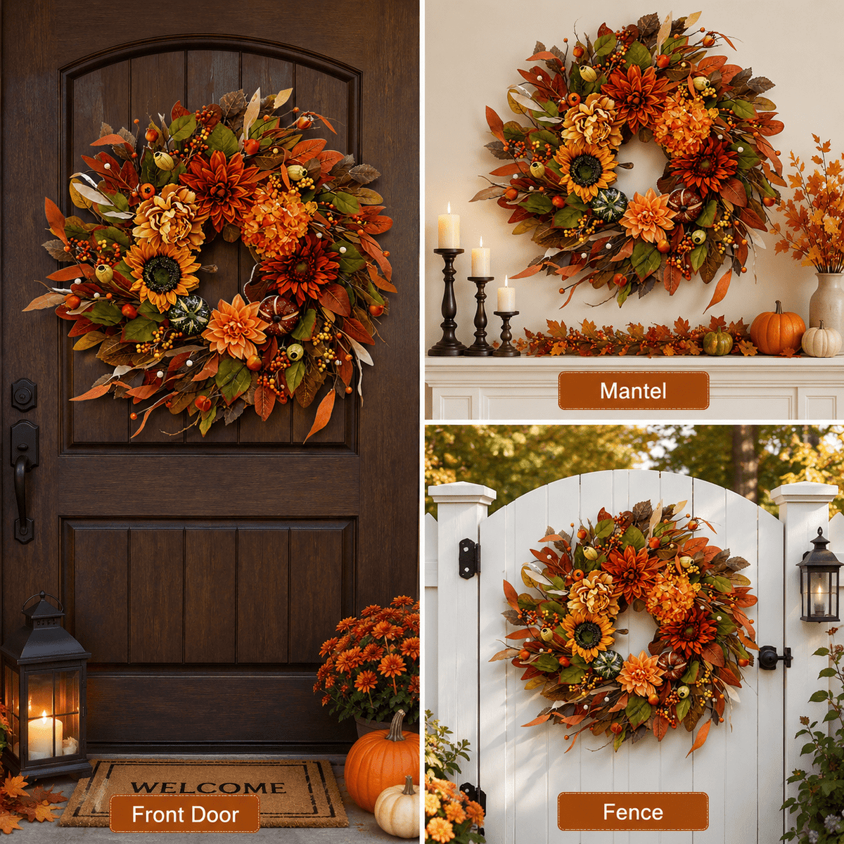 Clearance Fall Sunflower Pumpkin Wreath, 17.72 Inch Artificial Autumn Berry Door Wreath, Thanksgiving Halloween Hanging Decor for Front Porch Wall Door