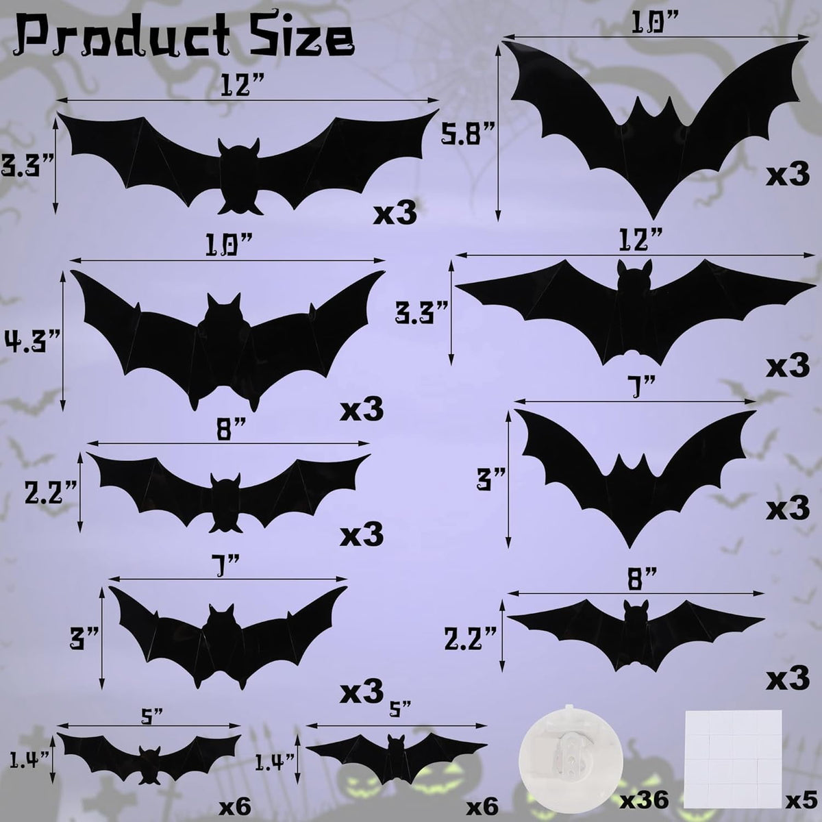 CQHVKQ 36 PCS Halloween Bats Decorations, Realistic 3D LED Bats Wall Stickers Decor, Assorted Size Removable Lighted PVC Bats DIY Wall Sticker for Halloween Party, Bedroom, Home, Indoor and Outdoor