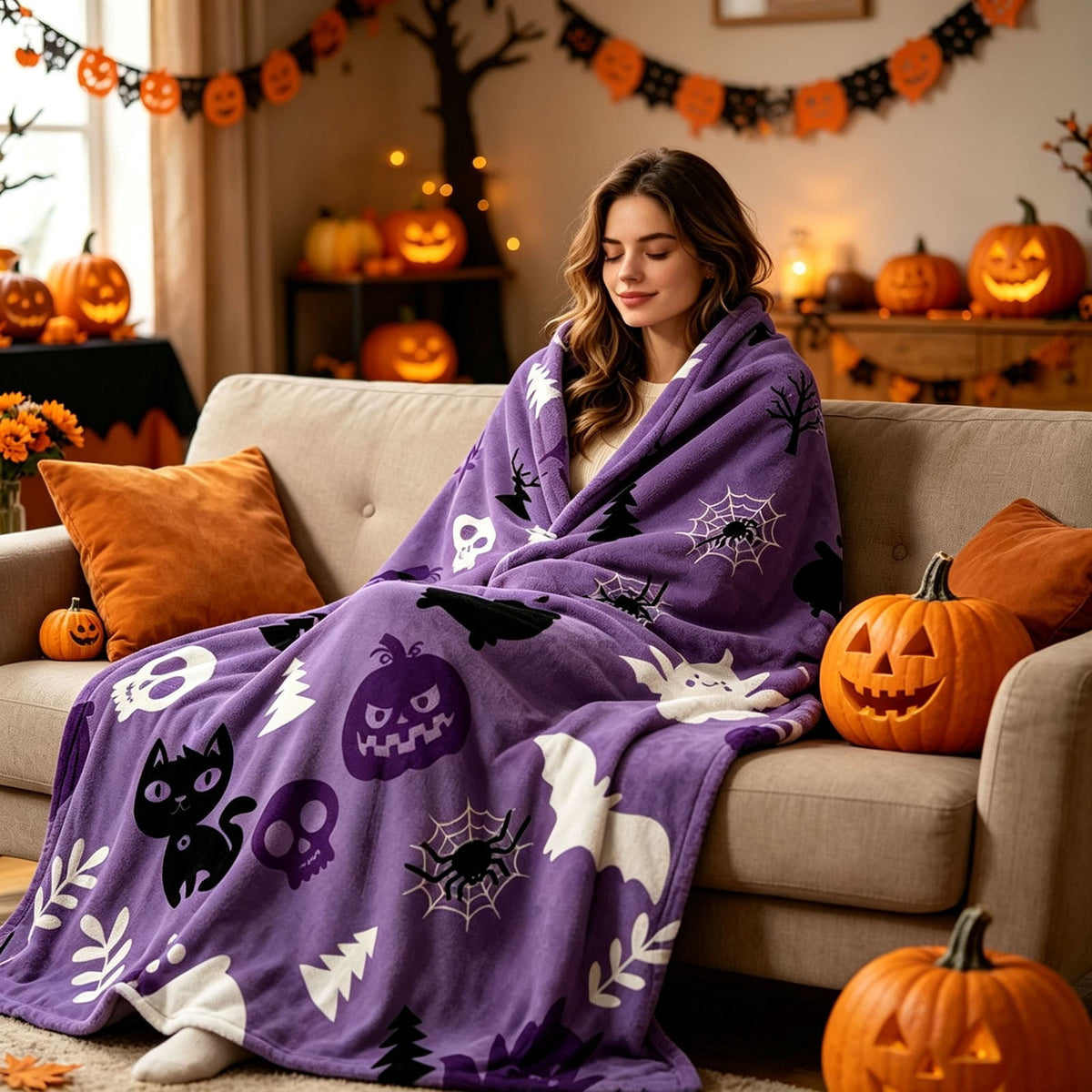 Halloween blanket,Halloween Print Throw Blanket Flannel Soft Cozy Decorative Nap Blanket with Ghost Pumpkin Skull for Office Bedroom Sofa Camping Travel(100x150cm/39x59 Inch),Black
