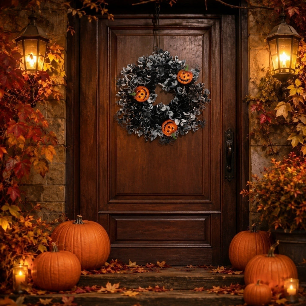 12 Inch Black Eucalyptus Halloween Wreath, Artificial Floral Door Wreath with Pumpkin Cutouts for Front Porch Indoor Door Halloween Party Gothic Home Decor