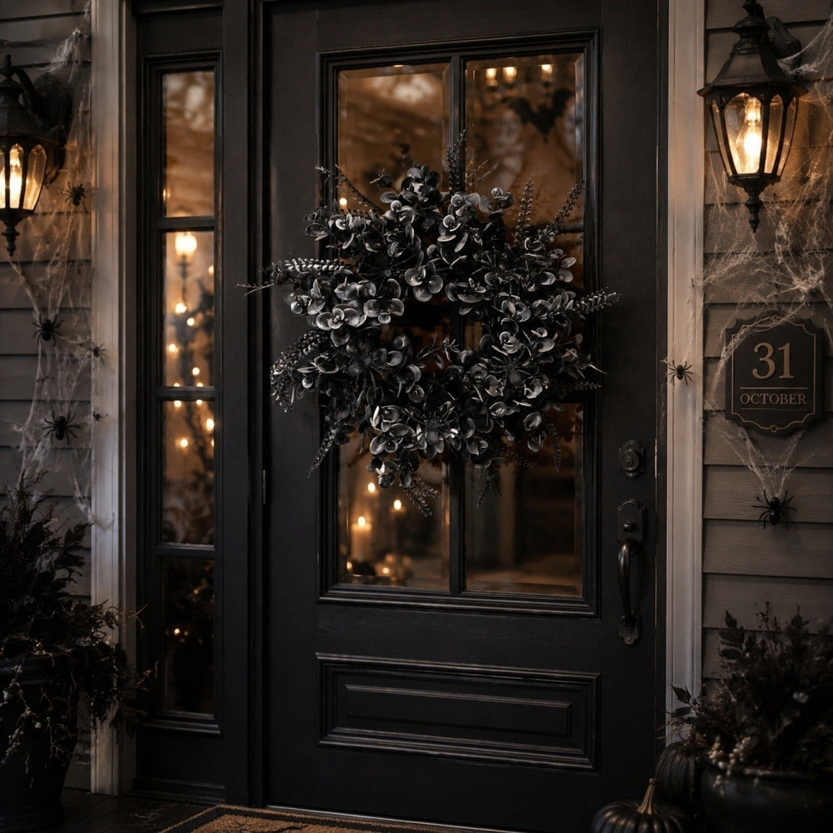 12 Inch Black Eucalyptus Halloween Wreath, Artificial Floral Door Wreath with Pumpkin Cutouts for Front Porch Indoor Door Halloween Party Gothic Home Decor