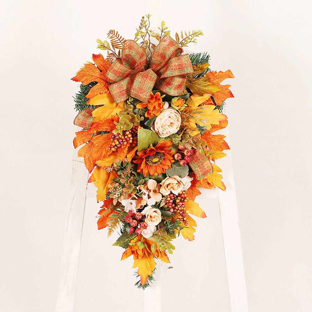 Artificial Fall Harvest Teardrop Swag for Front Door Thanksgiving Teardrop Wreath with Maple Leaves Berry Autumn Floral Swag for Home Wall(No Light,19.7Inch )