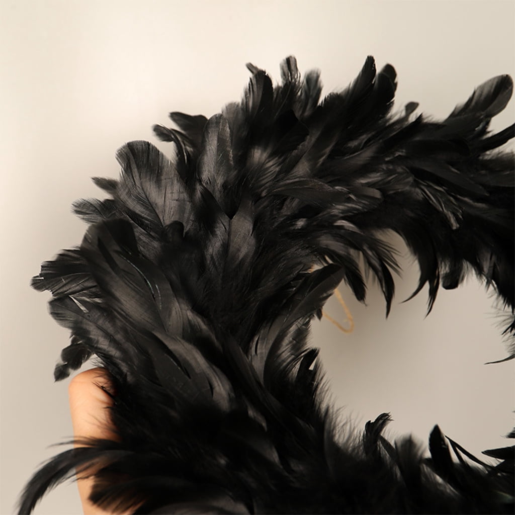 Milue 15.7in Natural Feathers Wreath Front Door Black Feather Wreath Spooky Scene Party Favors for Porch Halloween Decoration