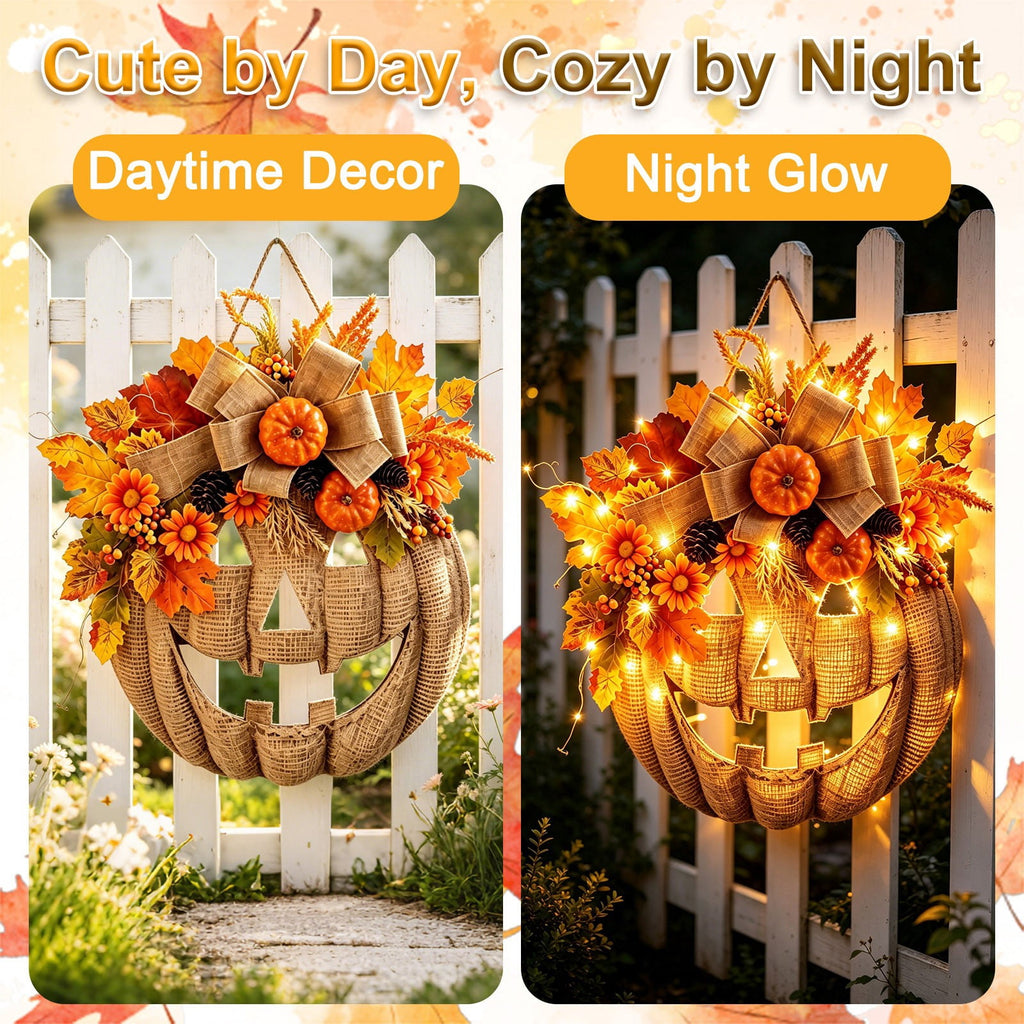 13.78 Inch Lighted Pumpkin Wreath with LED Lights, Fall Front Door Decor, Halloween Thanksgiving Autumn Wreath for Porch Farmhouse Home Decoration
