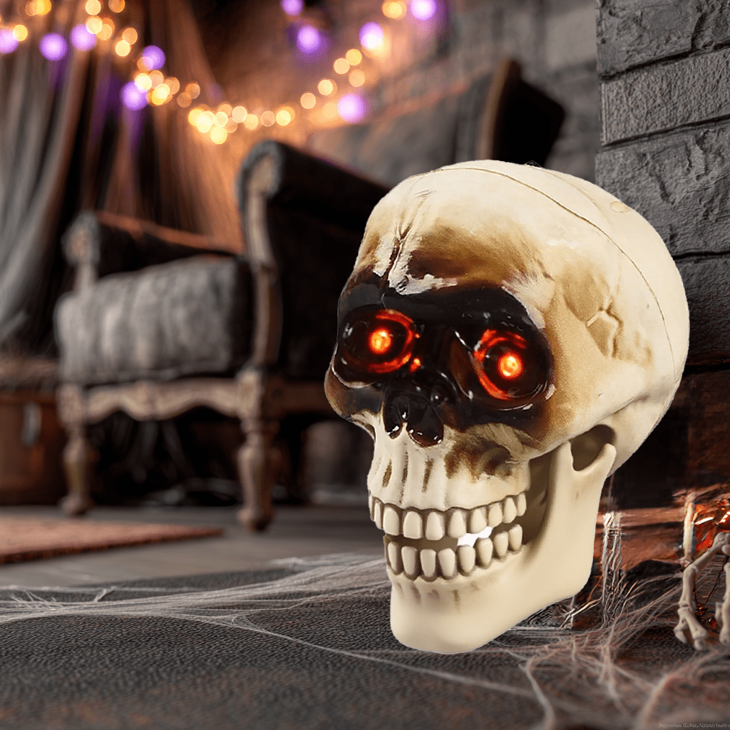 Halloween Animated Skull Head, Hanging Skeleton Head with Red Lighting Eyes Creepy Voice Scary Motion & Touch Sensor , Halloween Decor Prop for Indoor/Outdoor