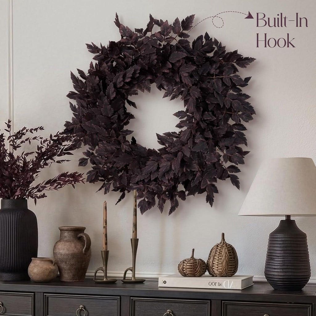 26 inch Fall Cimicifuga Leaves Front Door Wreath, Artificial Autumn Foliage Wreath, Decor for Indoor Outdoor Mantel, Window, Wall, Kitchen & Harvest Halloween