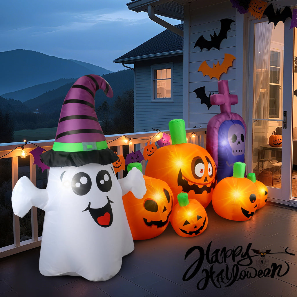MAGOTAN 8 ft Halloween Inflatable Pumpkin Halloween Inflatable Pumpkins Ghost Tombstone Outdoor Yard Decoration Build-in 7 LED White Lights