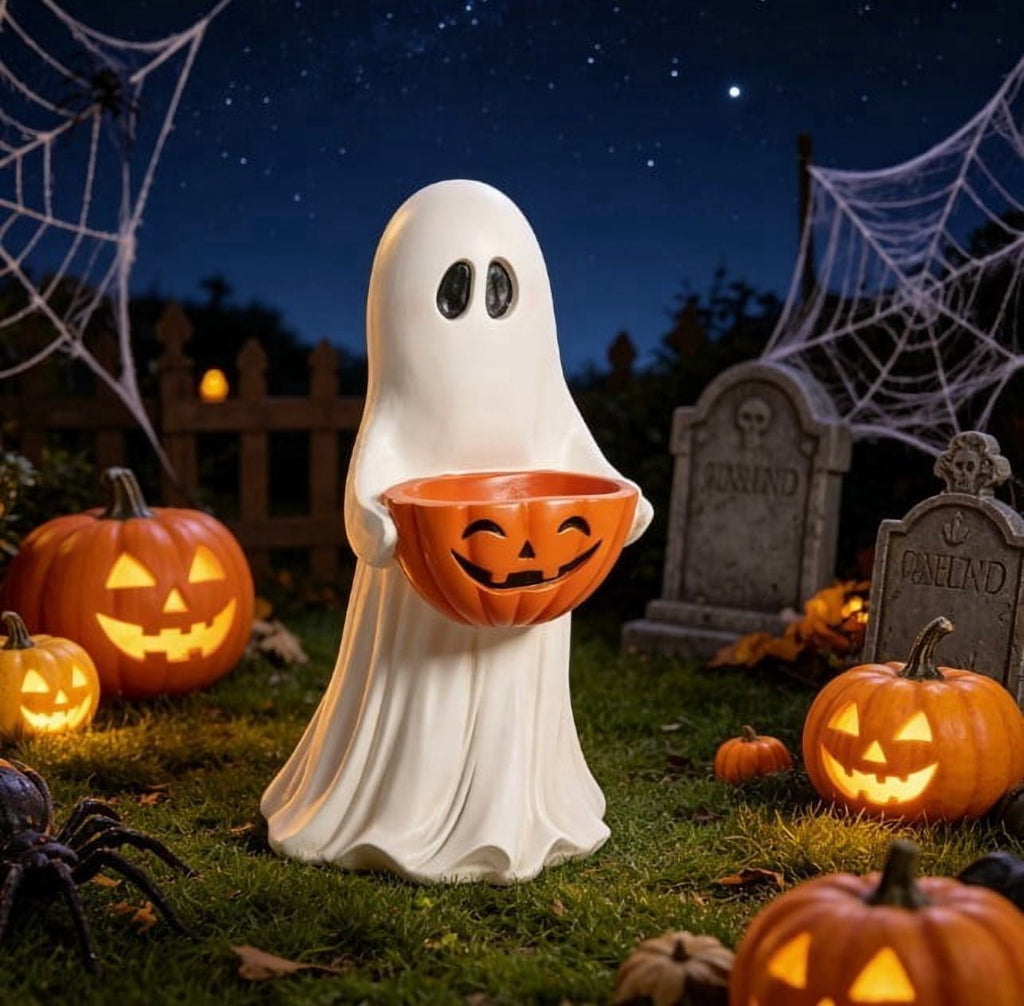 Halloween Decoration Ghost Figurine 11in Resin Ghost Statues with Pumpkin Candy Bowl for Outdoor Indoor Front Door, Porch Yard Lawn Party Decor