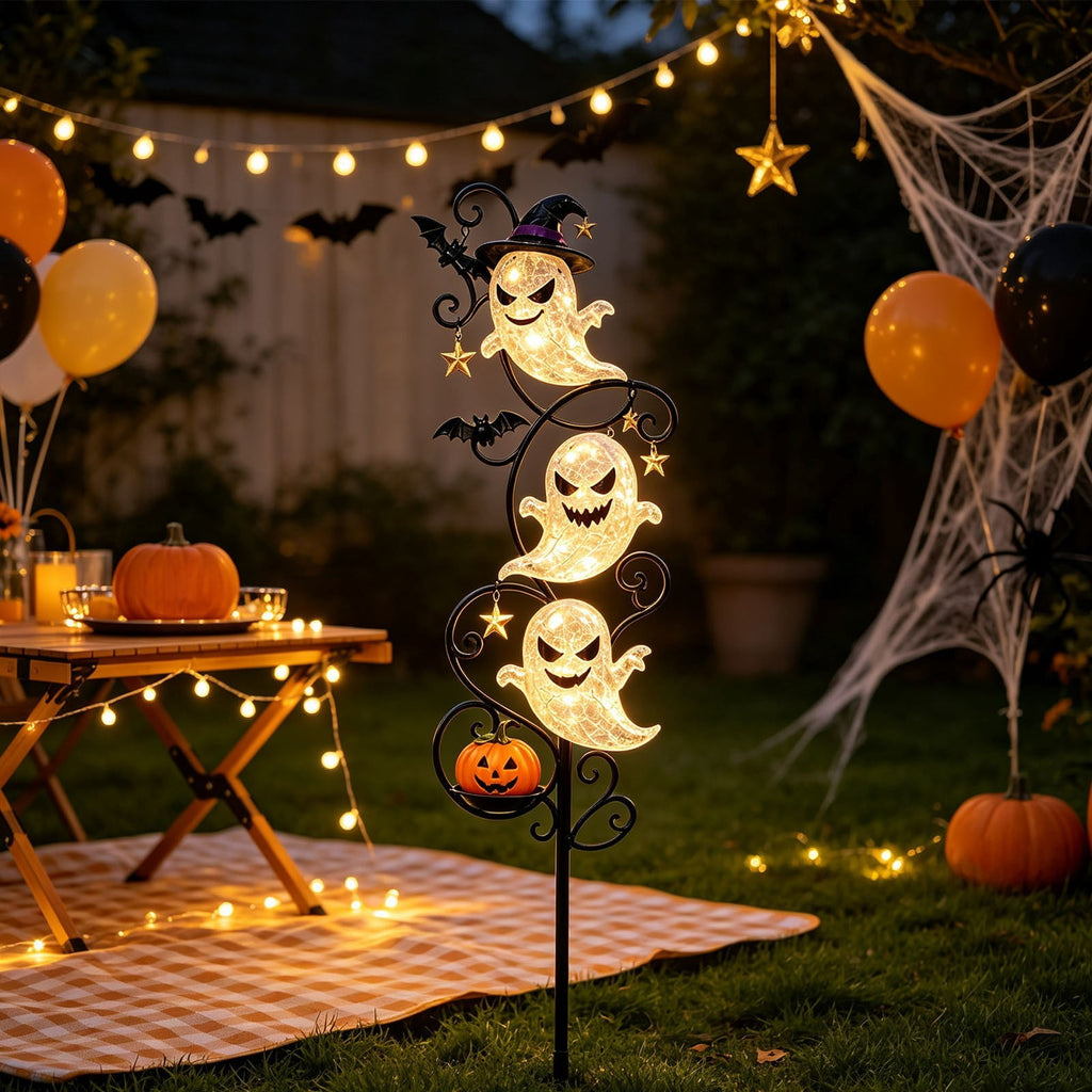 Solar Halloween Metal Moon Black Cat Garden Stake with LED Pumpkin Lantern, Light Up Star Bat Yard Decor Stake, Spooky Outdoor Lawn Pathway Halloween Decoration