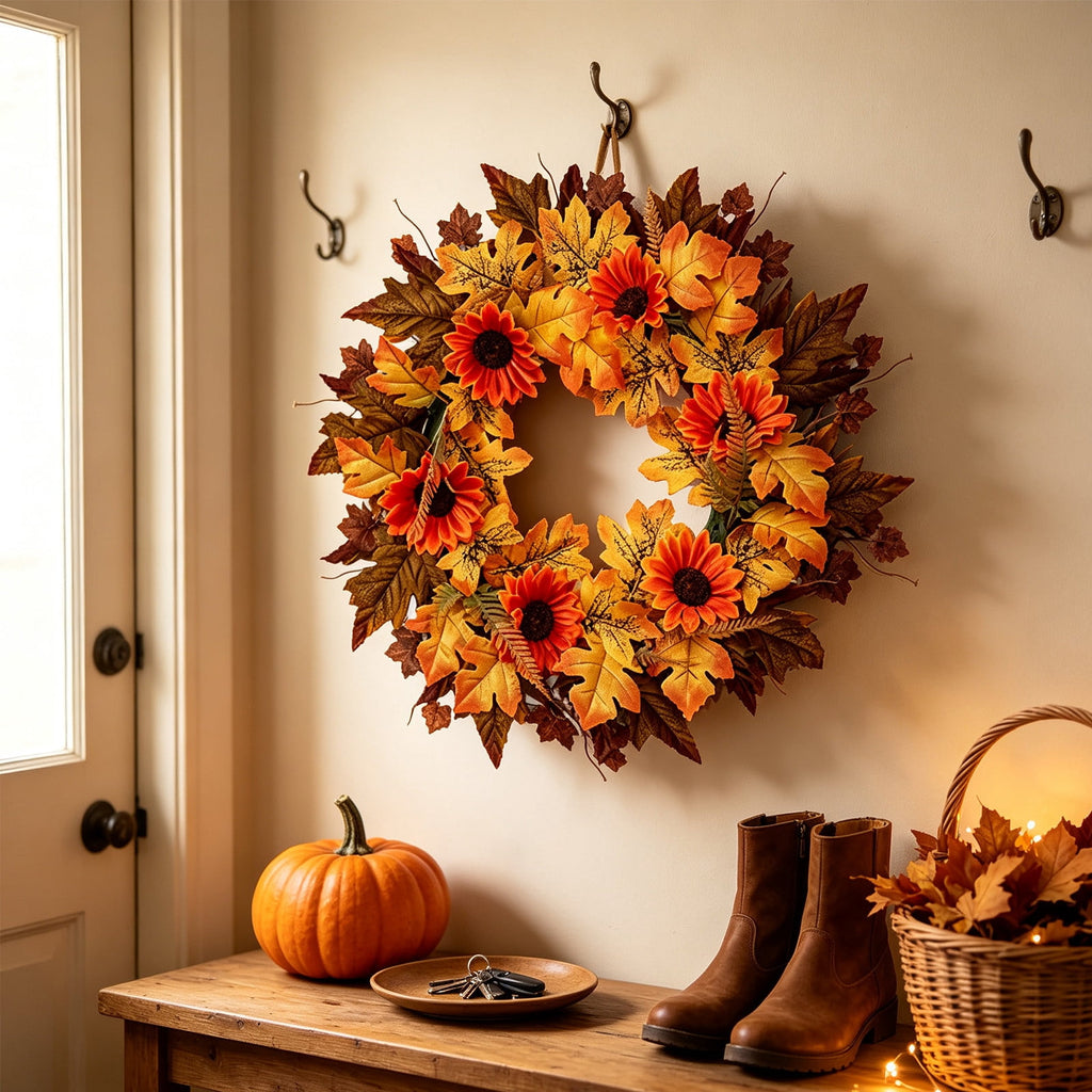 Thanksgiving Halloween Decoration Wreath, Sunflower Rose Pumpkin Silk Flower Door Hanging, Fall Simulation Maple Leaf Wreath for Front Door Fireplace, Festive Harvest Party Home Decor