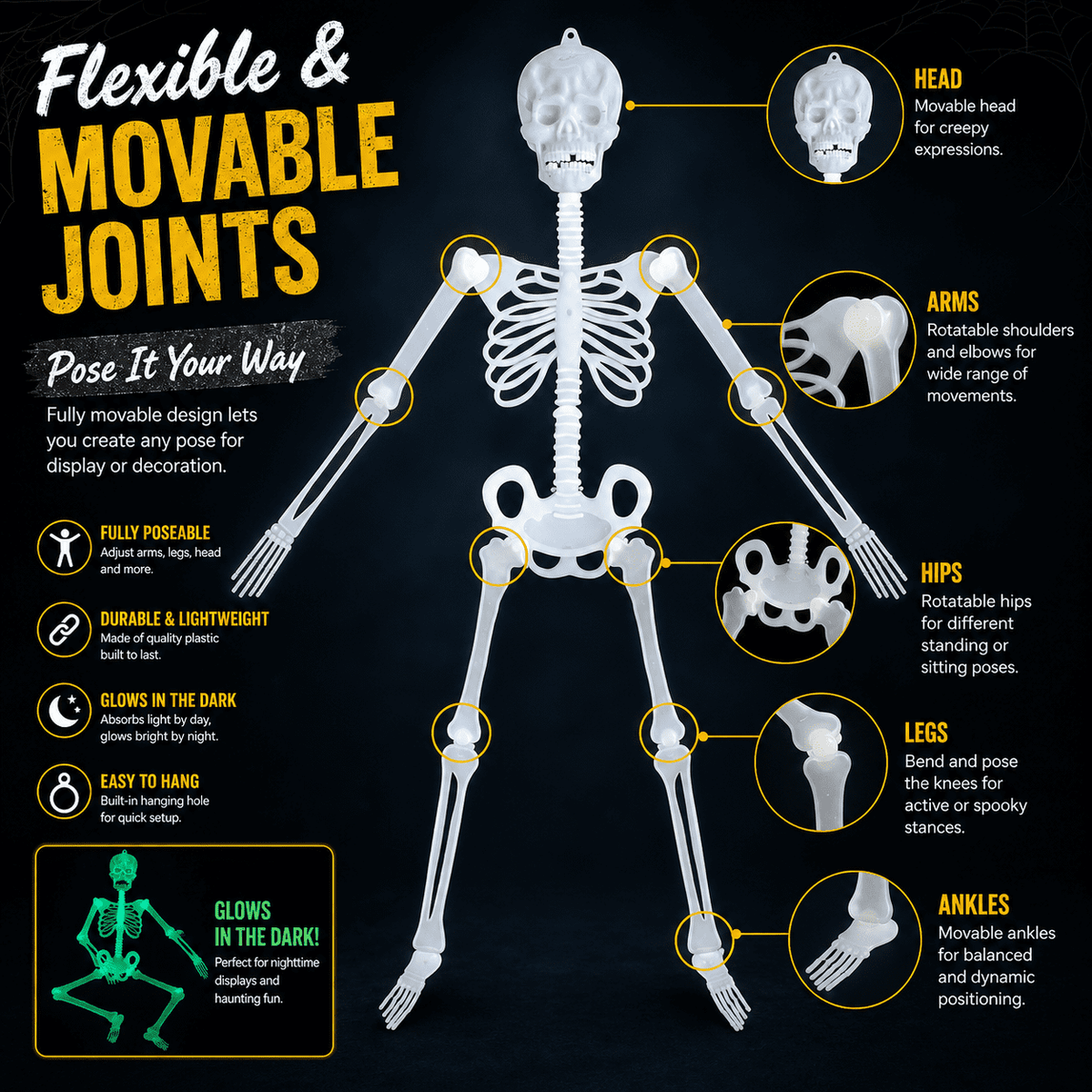 Life Size Skeleton 3 ft Luminous Halloween Skeleton Life Size Skeleton Poseable