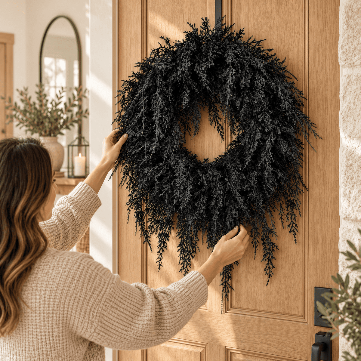 Kuokaa Black Twig Halloween Wreath with Wispy Branches and Bare Dark Silhouette, Round Front Door Decoration Spooky Gothic Fall Porch or Wall Decor