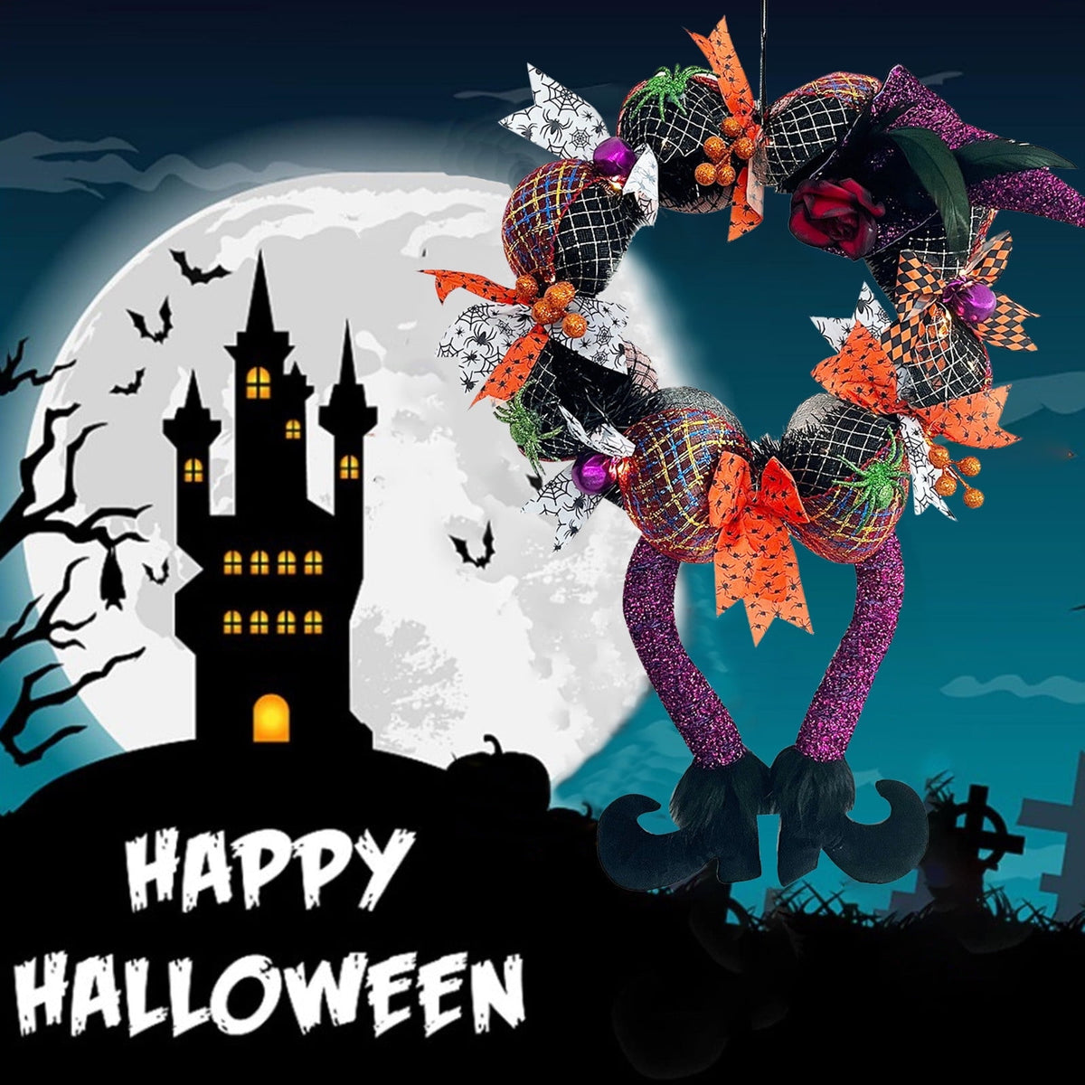 XGFHYJEH Halloween Front Door Wreath 17.71 Inch Halloween Wreath With Witch Hat Foot Wreath For Door Porch Window Indoor Outdoor Decorations Halloween Home Party