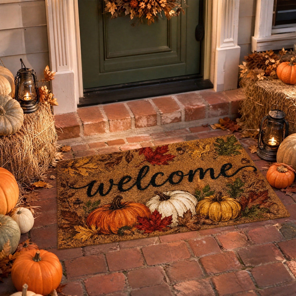 Fall Welcome Coir Door Mat, Fall Harvest Pumpkin Front Door Outdoor Doormat Entrance Porch Non Slip Rubber Rug for Halloween Decor Brown