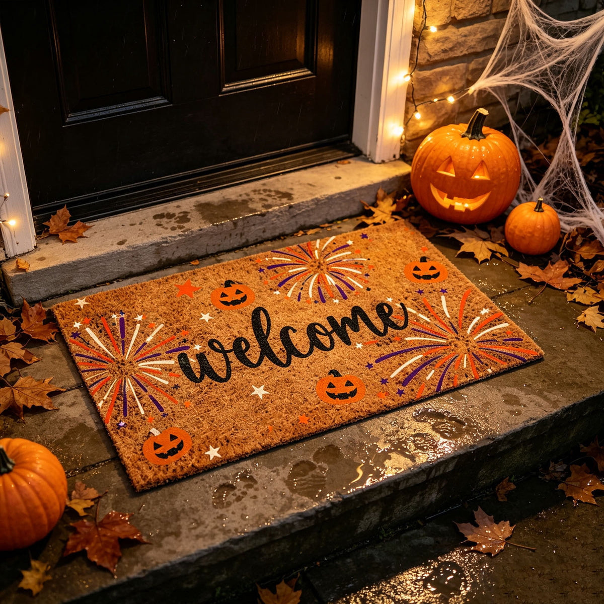 Fllostpr Halloween Pumpkin & Crow Welcome Doormat for Front Door, Non-Slip Vintage Brown Coir Floor Mat for Outdoor Porch Entryway Decor,16x24 Inch