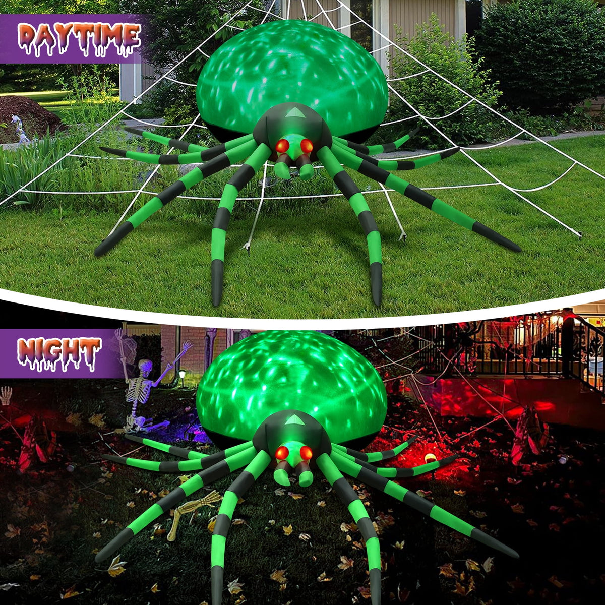 Yexmas 8FT Halloween Inflatables Outdoor Decorations Giant Spider Decorations with LED Lights and Air Pump Blow up Inflatable Green