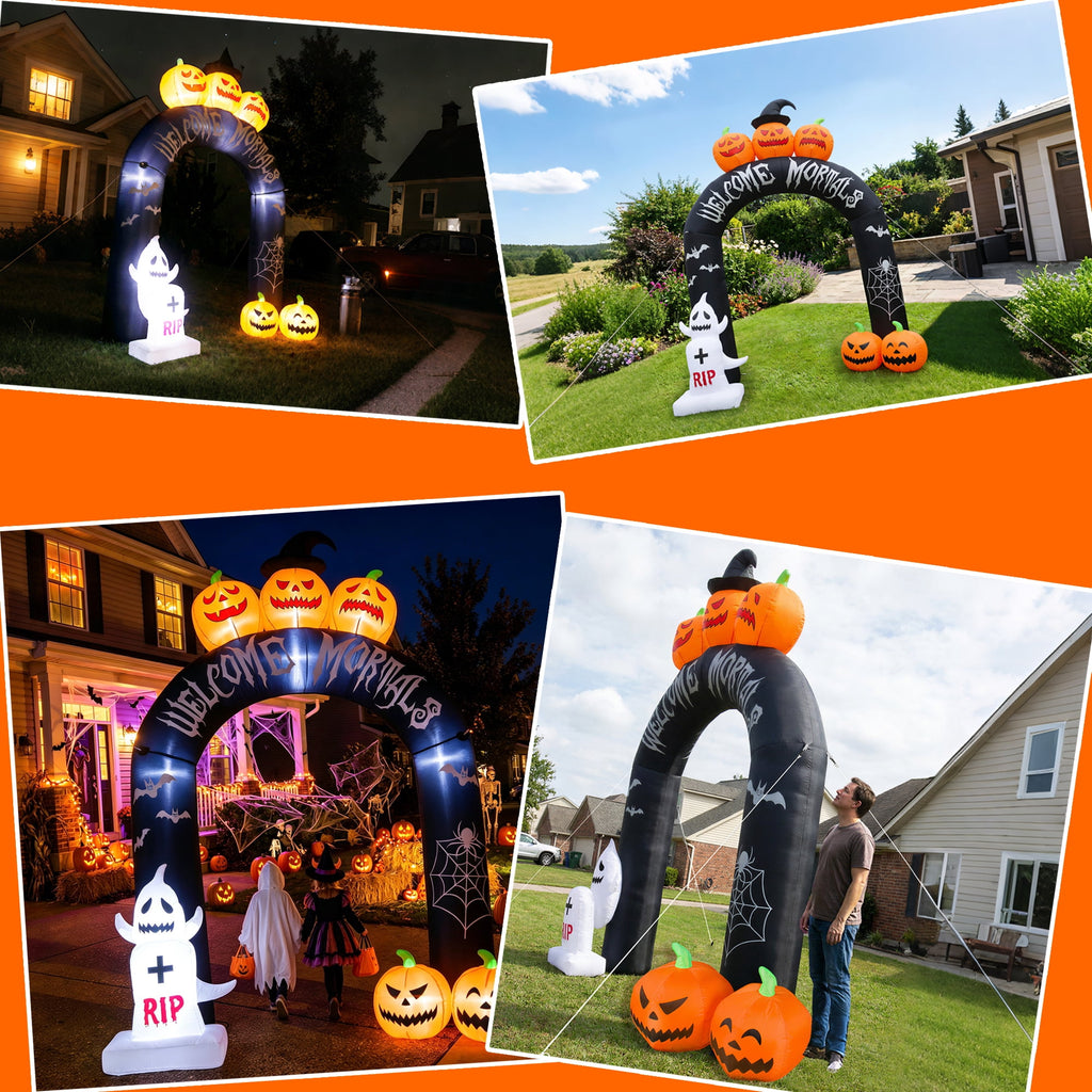 MAGOTAN 8 ft Halloween Inflatable Pumpkin Halloween Inflatable Pumpkins Ghost Tombstone Outdoor Yard Decoration Build-in 7 LED White Lights