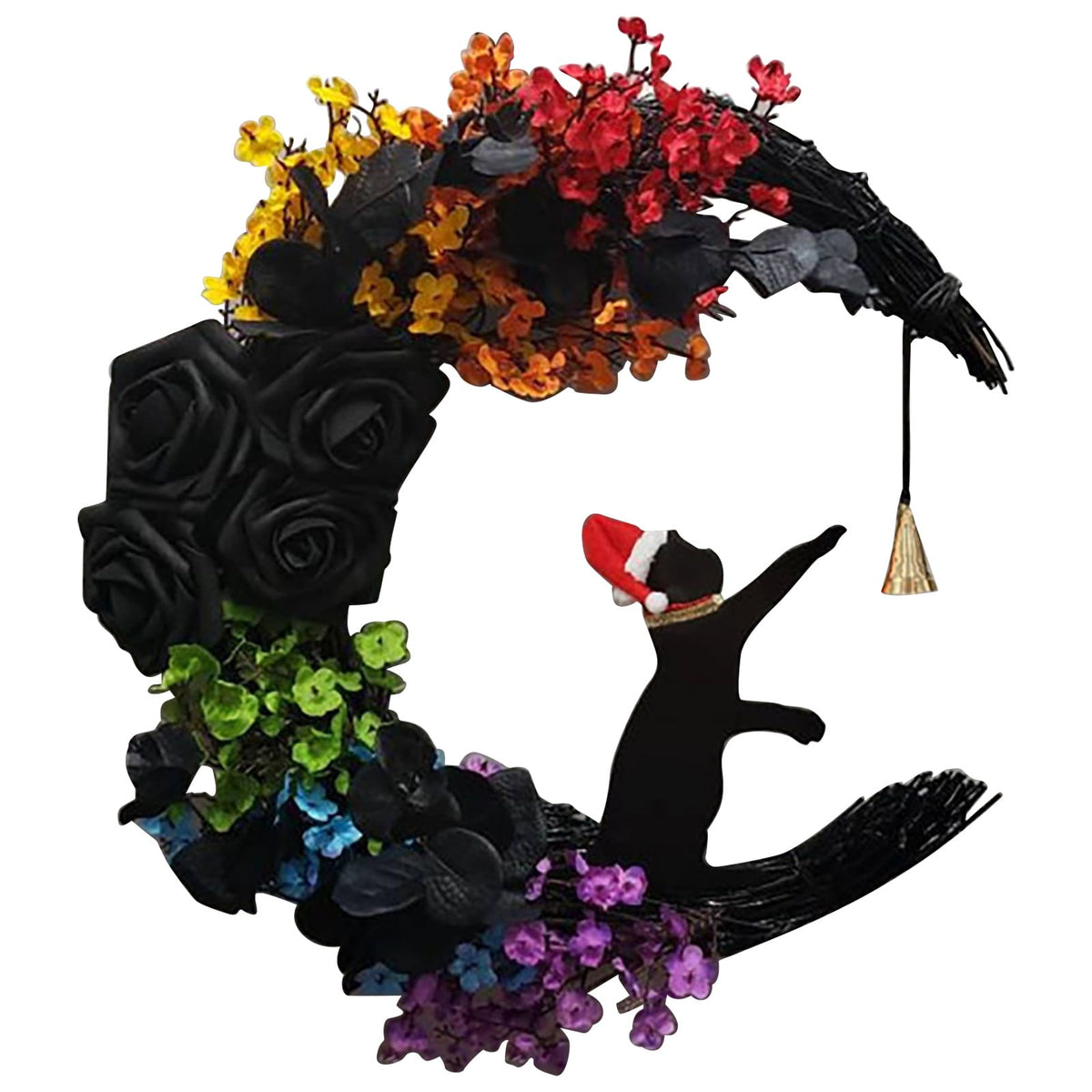 Uanit Creative Moon Cat Garland Farmhouse Wreaths for Front Door Wall Ornament Wreath with Flowers Rose Decorations Indoor Outdoor Window