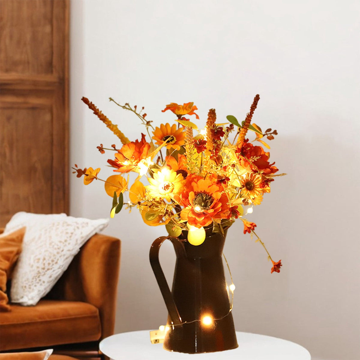 Light Up Sunflower Bouquet Decor - Battery Operated Floral Arrangement Halloween Thanksgiving Table Centerpiece Iron Vase Seasonal Home Gift(A-Not With Lame)