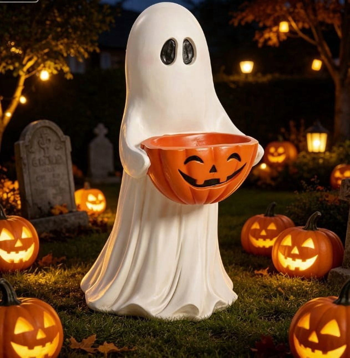 Halloween Decoration Ghost Figurine 11in Resin Ghost Statues with Pumpkin Candy Bowl for Outdoor Indoor Front Door, Porch Yard Lawn Party Decor