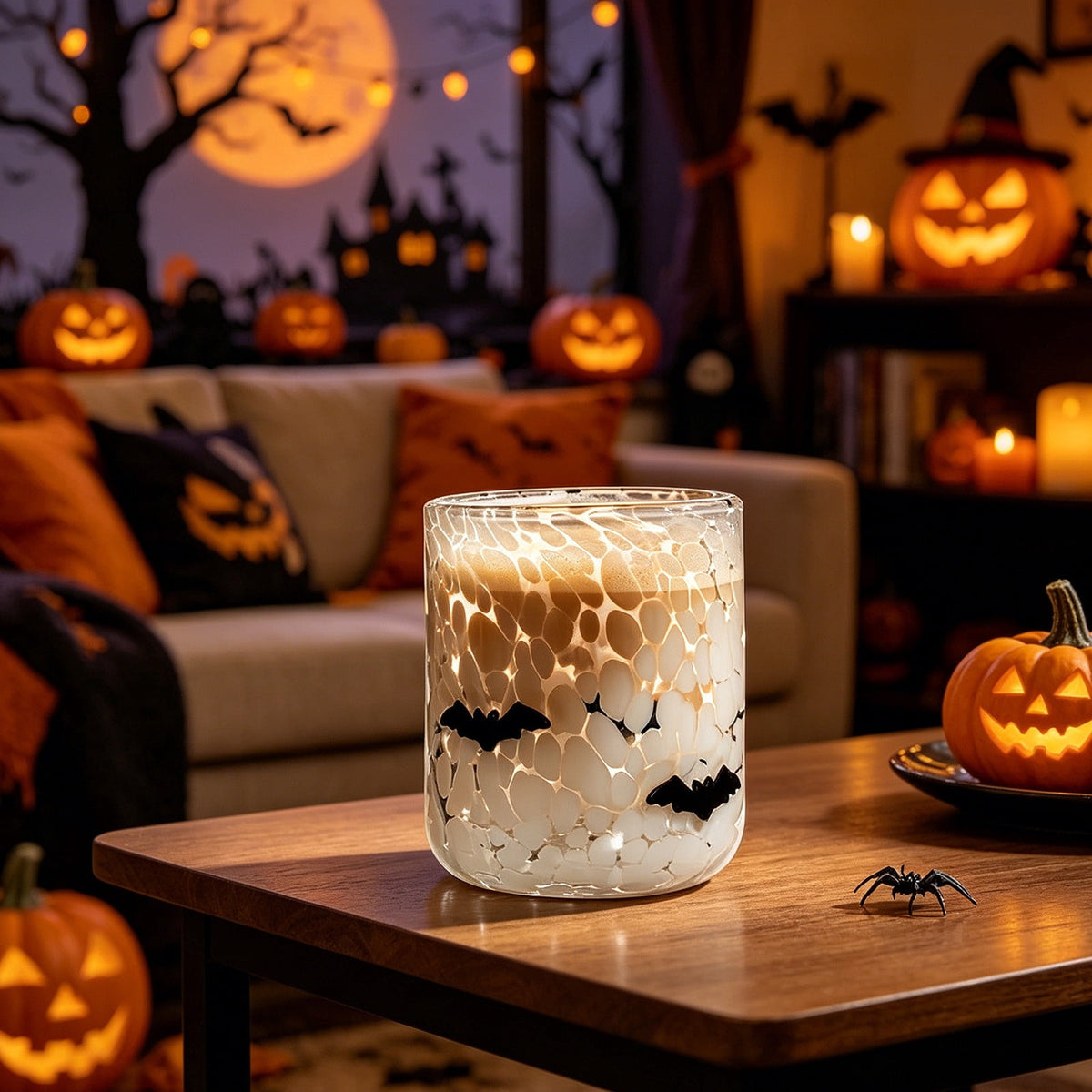 Qocolcyl Halloween Icon Glass Cups - 3.5x4.7in Ghost Bat Snake Pumpkin Icon Juice Stemless Wine Glasses Double Old Fashioned Hand Blown Drinking Cups for Halloween Party Gift