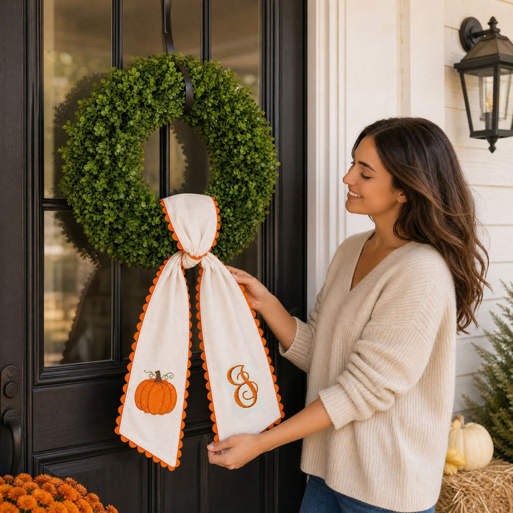 Pumpkin Embroidered Wreath Sash, 50 x 5 inch Orange Scalloped Lettered Ribbon for Halloween, Thanksgiving, Front Door, Seasonal Garland and Fall Home Decor, I