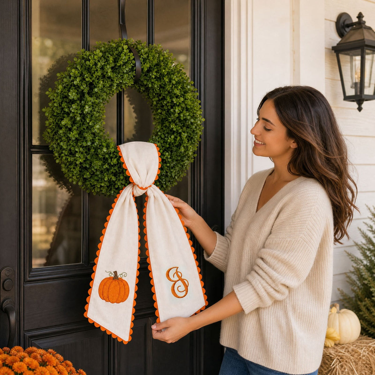 erdimoy Fall Pumpkin Monogram Wreath Sash, 50 Inch Embroidered Wreath Ribbon with Pom Pom Trim, Autumn Harvest Front Door Wreath Decor for Thanksgiving Halloween