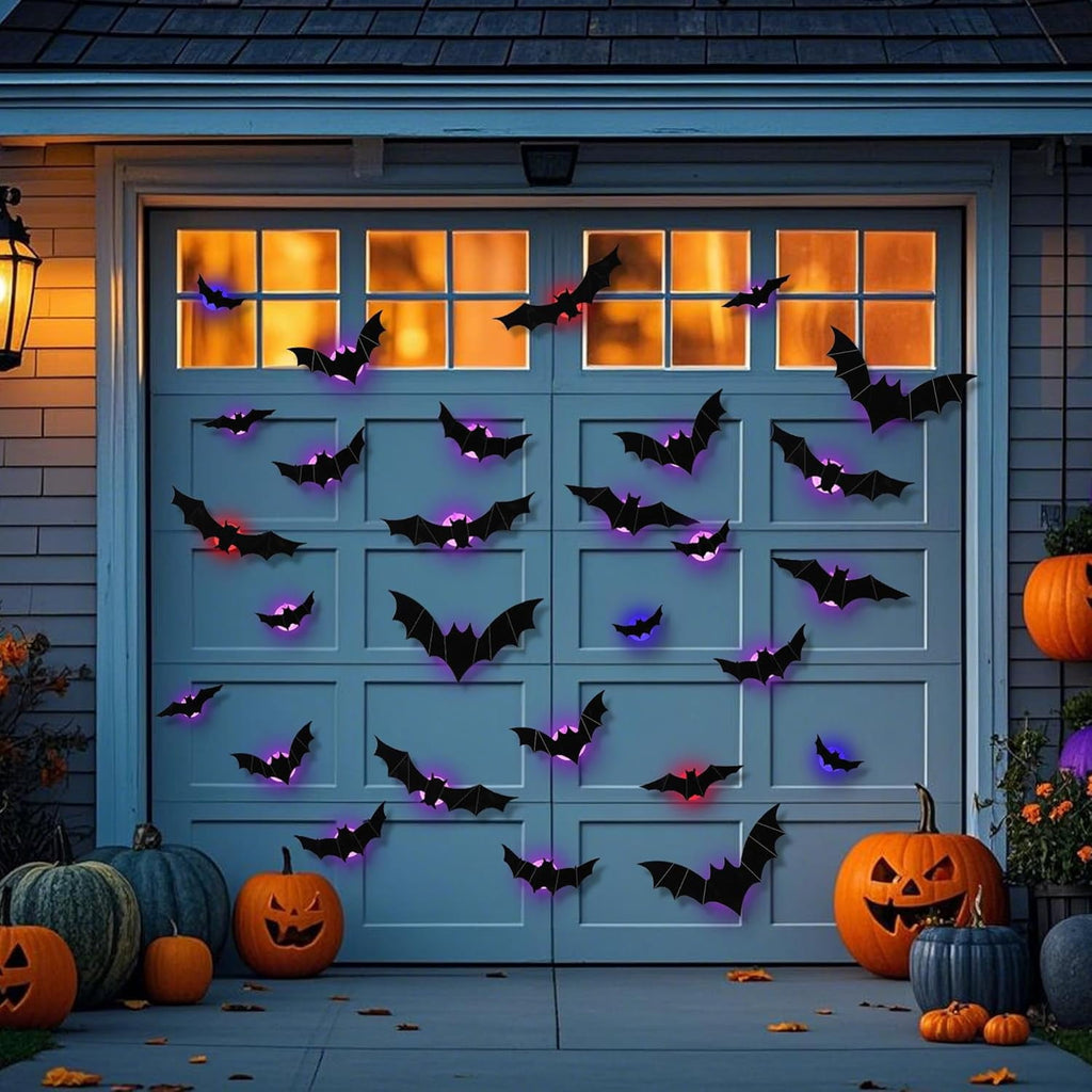 CQHVKQ 36 PCS Halloween Bats Decorations, Realistic 3D LED Bats Wall Stickers Decor, Assorted Size Removable Lighted PVC Bats DIY Wall Sticker for Halloween Party, Bedroom, Home, Indoor and Outdoor