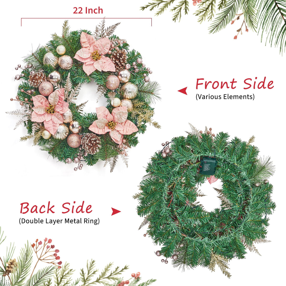 JoanKaren 24 inch Large Christmas Wreath Silver White with 20 LED Lights,Prelit Xmas Wreath w/ Ball Ornaments Pine Cone