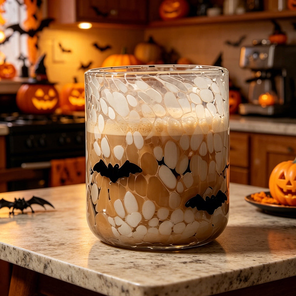 Qocolcyl Halloween Icon Glass Cups - 3.5x4.7in Ghost Bat Snake Pumpkin Icon Juice Stemless Wine Glasses Double Old Fashioned Hand Blown Drinking Cups for Halloween Party Gift