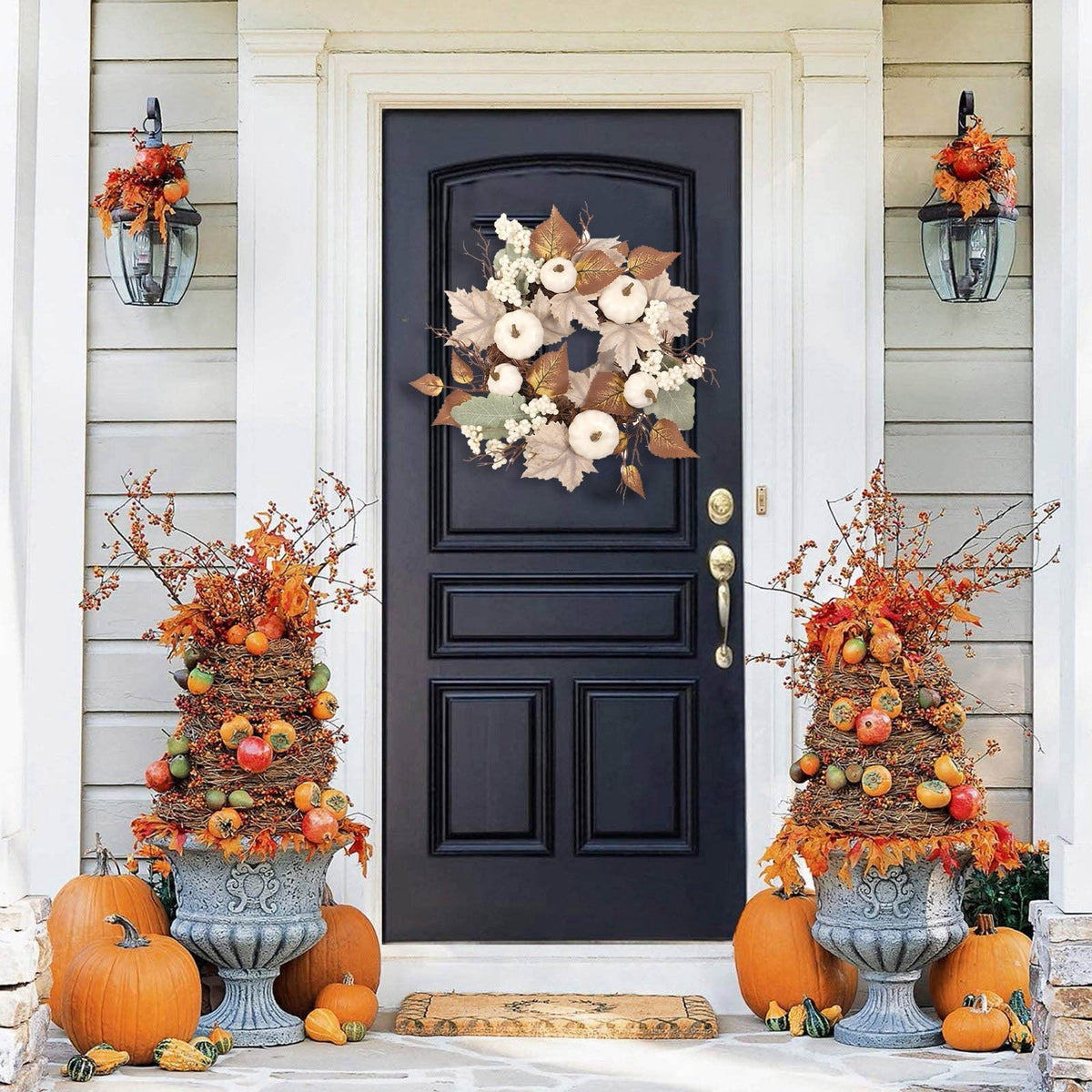 12 Inch Fall Wreath with Pumpkins & Maple Leaves - Autumn Harvest Wreath for Front Door, Thanksgiving & Halloween Farmhouse Decor