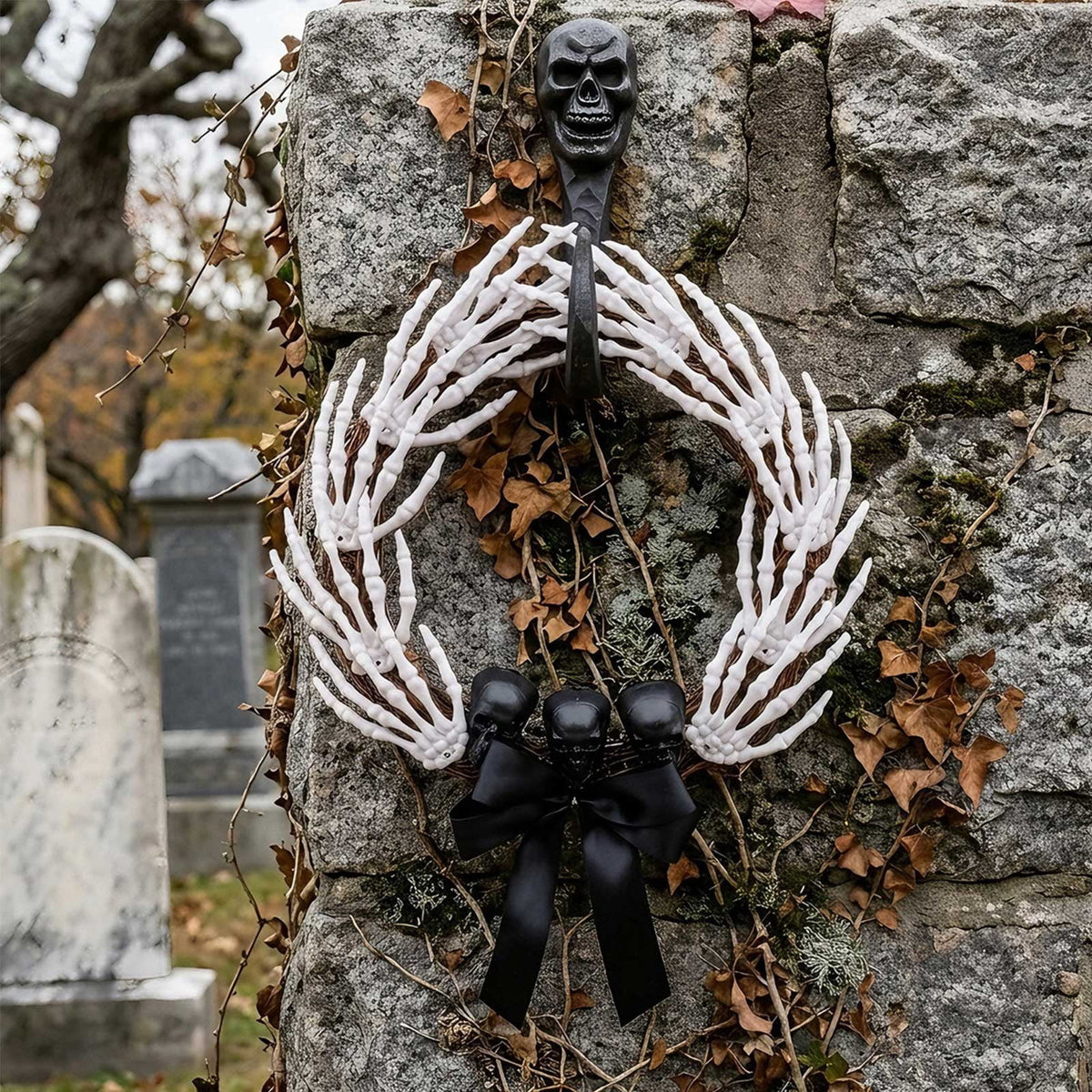 14 Inch Halloween Wreaths for Front Door,Gothic Spooky Skeleton Hands Wreath with Skull Bow for Halloween Decorations Indoor Outdoor Mantel Wall Window Table Porch Fall Home Party Supplies