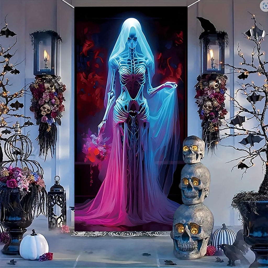 Taicans Spooky Skeleton Bride Halloween Door Cover Decor,Scary Halloween Front Door Banner Covering Decorations,Horror maze Decor,Halloween Decorations for Front Door,Haunted Mansion Decor,71x35in