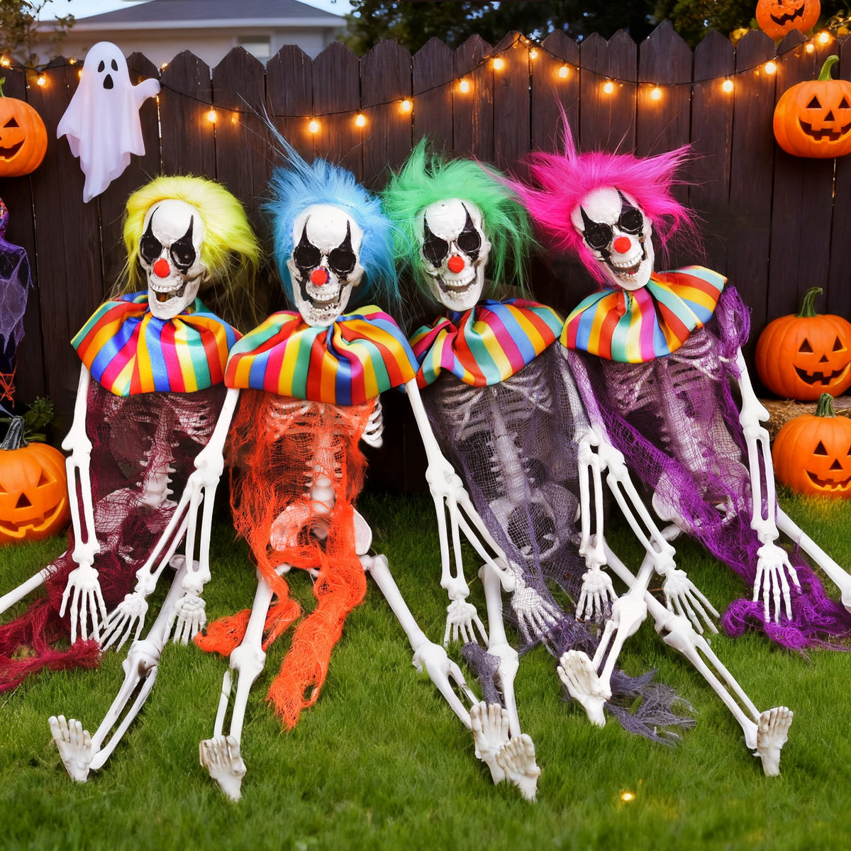 Fun Little Toys 15.7 Inches 4 Packs Halloween Scary Circus Clown Skeleton Hanging Ghost Skeleton in Clothes, Outdoor Indoor Yard Patio House Decor