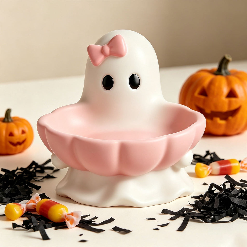 Pink Halloween Decor Ghost Candy Bowl Figurine with Bow and Scalloped Holder for Indoor Tabletop Decor and Party Favor Display