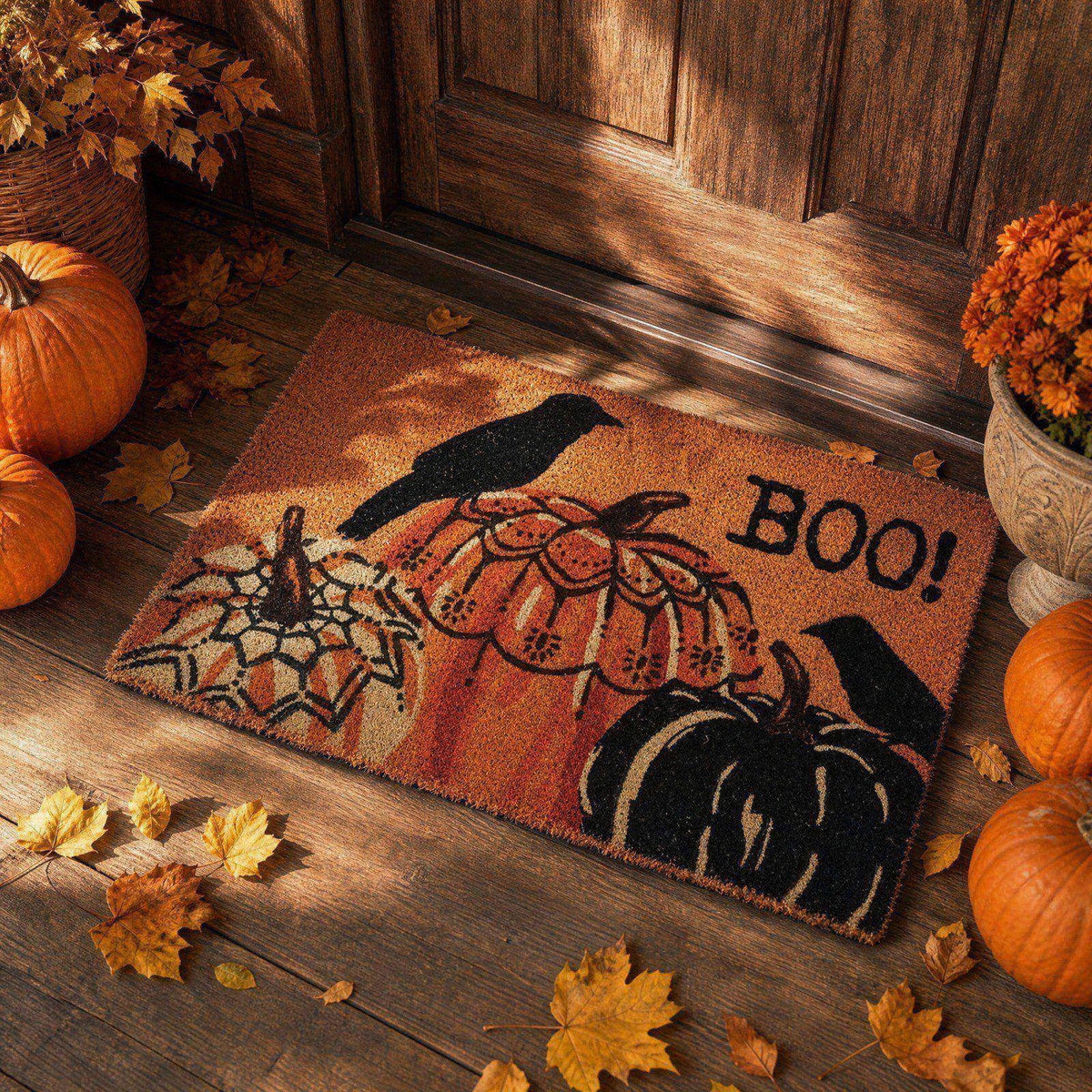 STIJGGN Halloween Ghost Boo Checkered Coir Rug, 23"×15" Fall Outdoor Front Door Decor Mat, Washable Hand-Woven Rug for Layered Doormat, Autumn Halloween Thanksgiving Carpet for Porch, Entryway
