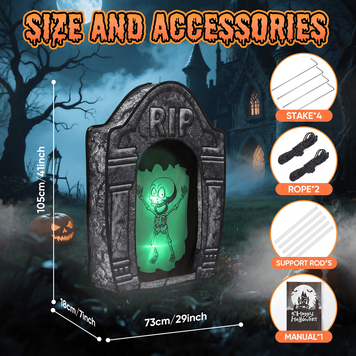 Toiyjofe 3.5ft Large Halloween Tombstone Decoration with LED Skull Eyes, Battery Powered Foldable Graveyard Decor for Lawn, Garden & Haunted House