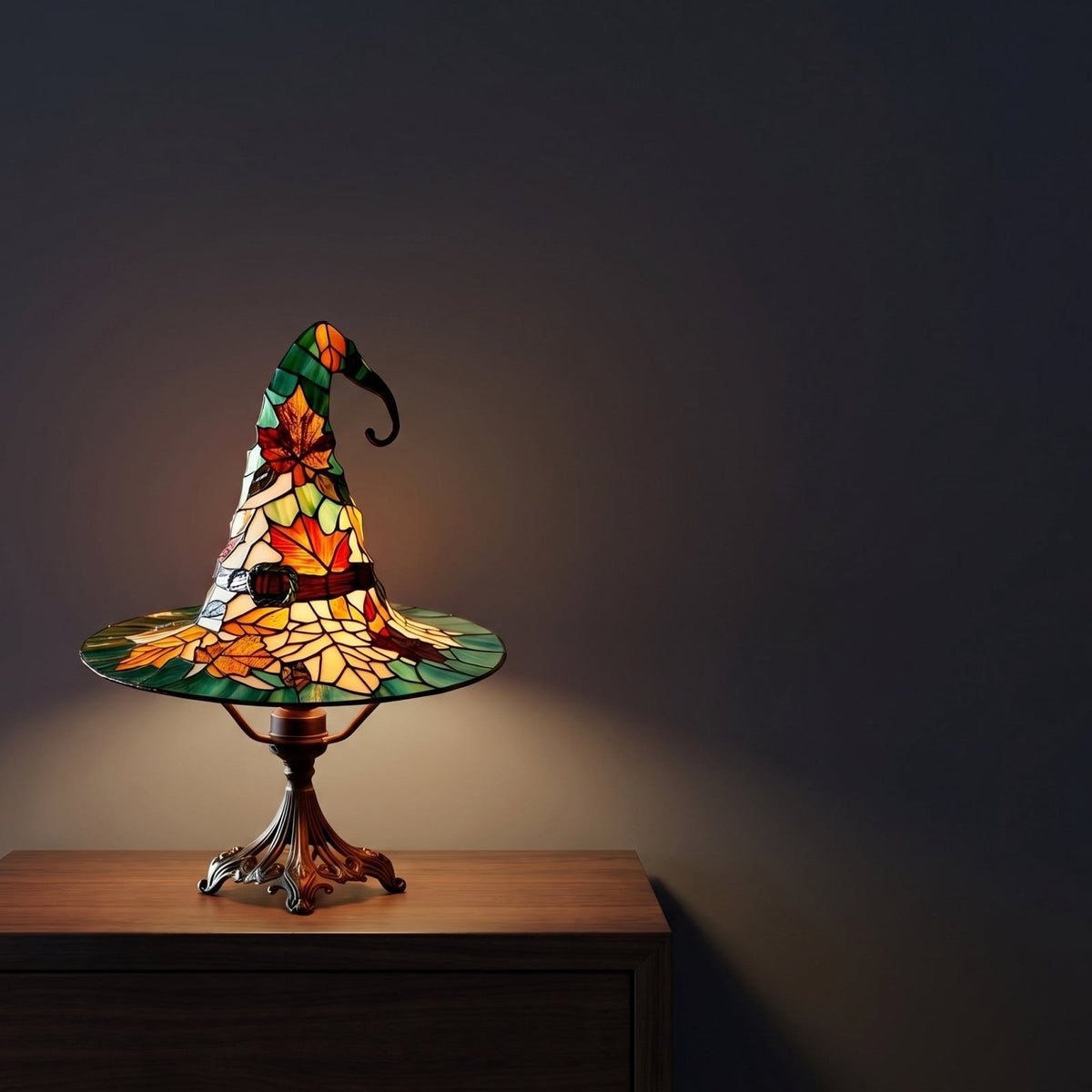 Stained Glass Witch hat lamp, 7" Halloween Gothic Mystic Room Decor Handcrafted Ceramic Phantom Figurine, USB Rechargeable LED Glowing Lantern for Bedroom Living Room Mantel Home Decor