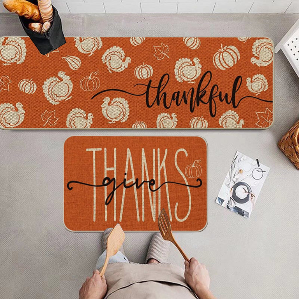Decorative Kitchen Floor Mats Set of Two, Fall Theme Pumpkin Turkey Pattern Kitchen Rugs and Mats for Outdoor Indoor Kitchen Decor Halloween Thanksgiving Non-Slip Doormat