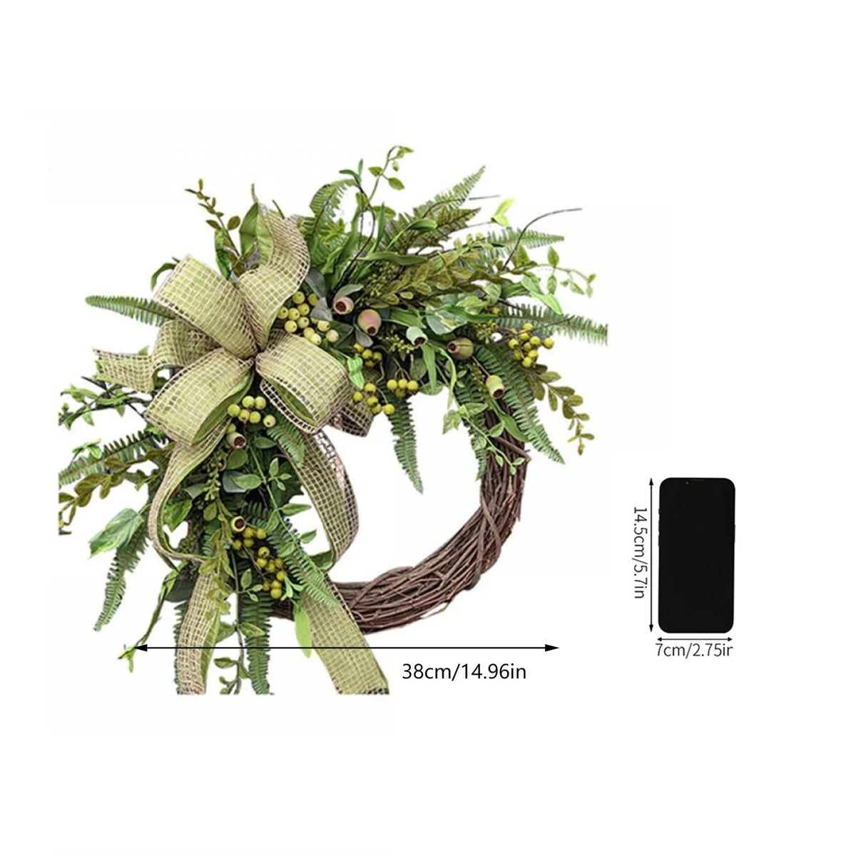 15 Inch Spring Wreath for Front Door, Artificial Welcome Wreath with Green Pods Plants Branches Vines, Rustic Style Decor for Home Yard Room Office Party Festival Indoor Outdoor