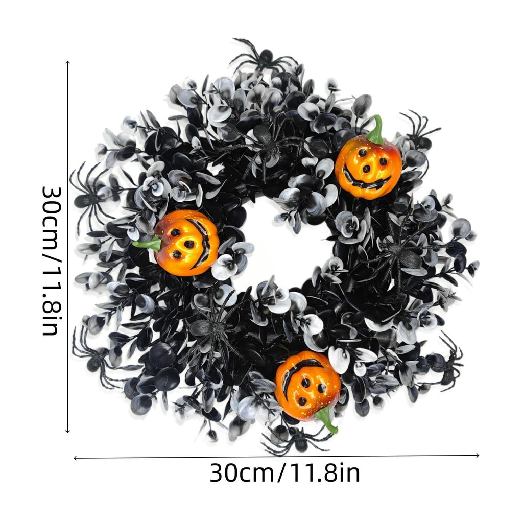 12 Inch Black Eucalyptus Halloween Wreath, Artificial Floral Door Wreath with Pumpkin Cutouts for Front Porch Indoor Door Halloween Party Gothic Home Decor