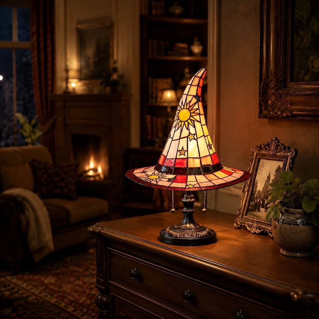Stained Glass Witch hat lamp, 7" Halloween Gothic Mystic Room Decor Handcrafted Ceramic Phantom Figurine, USB Rechargeable LED Glowing Lantern for Bedroom Living Room Mantel Home Decor
