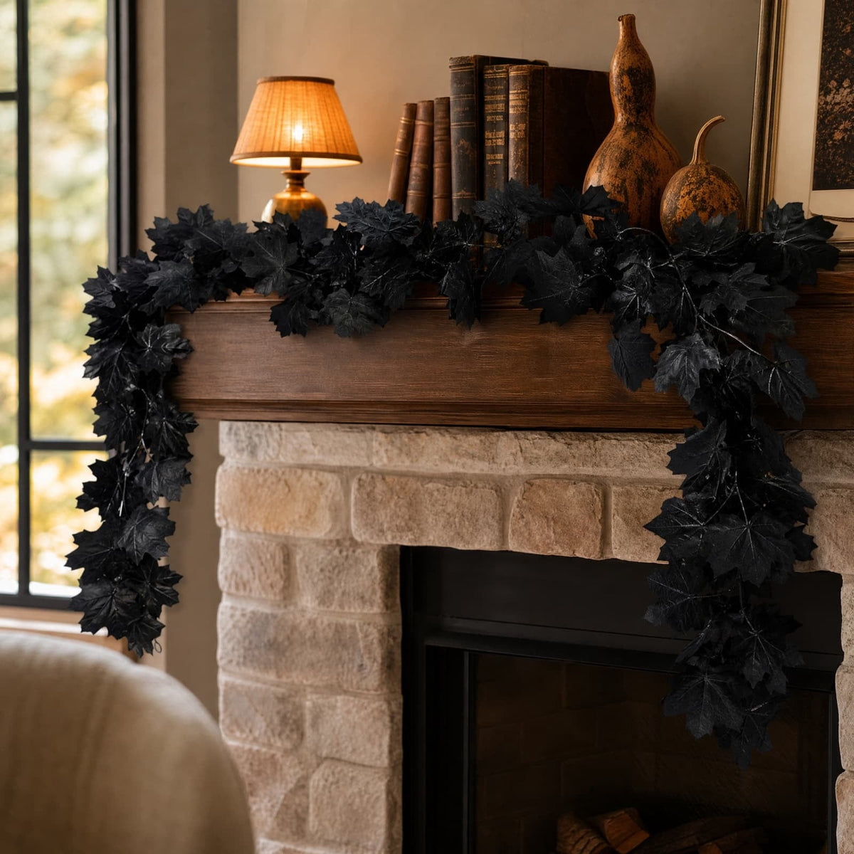 ICQOVD Halloween Black Maple Leaf Wreath Artificial Gothic Leaf Garland Hanging Decoration for Home Party Staircase Wall Door Indoor Outdoor Festival Decor